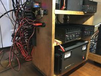 The 12V DC power distribution is mounted on the side.  The Astron 70A power supply feeds a West Mountain Radio RIGrunner 8012 80A panel.  One leg of the RIGrunner feeds a Powerwerk PD-8 8 port distribution block that is metered for voltage and current.  I use this distribution block for all the low current devices.  Anderson Powerpole connectors are used for all DC connections.